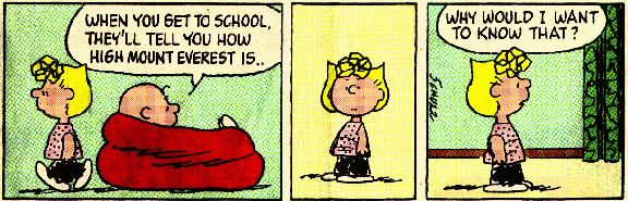Charlie Brown: "When you get to school, they'll tell you how high Mount Everest is." Lucy: "Why would I want to know that?"