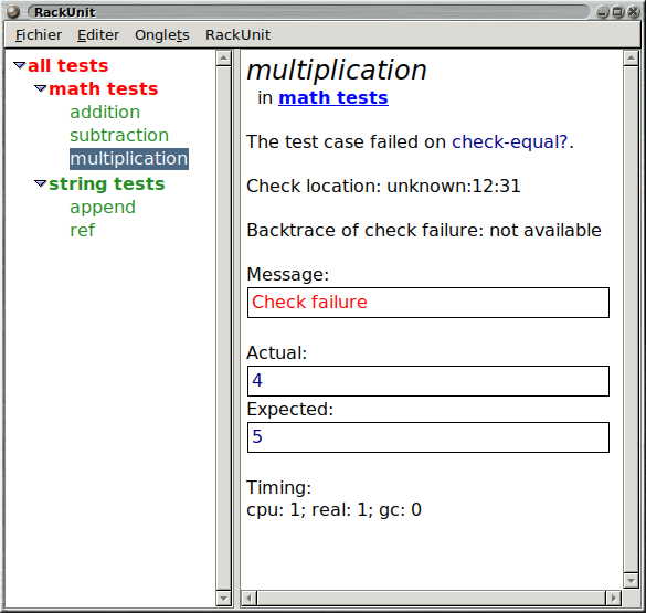 Screenshot of the RackUnit
window. It features a tree representing the nested test suites (with test
cases as leaves) on the left pane, and information about the selected test
failure in the right pane.